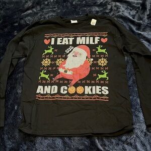 I Eat Milf And Cookies Santa Novelty Graphic Long Sleeve Ugly Shirt (Men’s M)